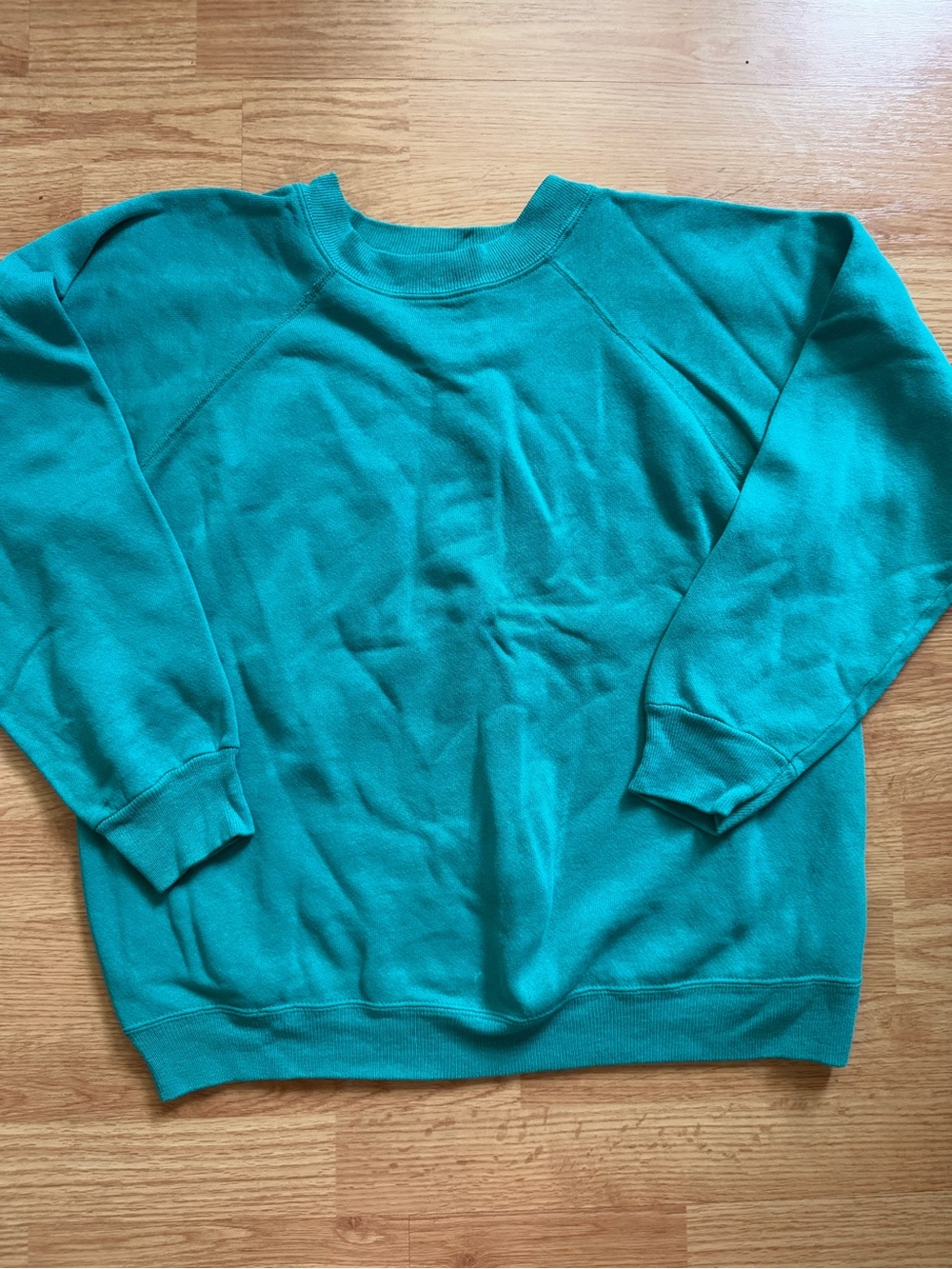 VTG 90s Hanes Her Way Blank Raglan Sweatshirt Teal Blue Green Size L Made in USA